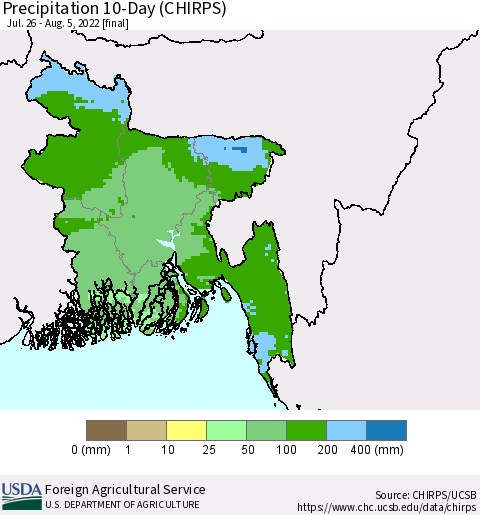 Bangladesh Precipitation 10-Day (CHIRPS) Thematic Map For 7/26/2022 - 8/5/2022