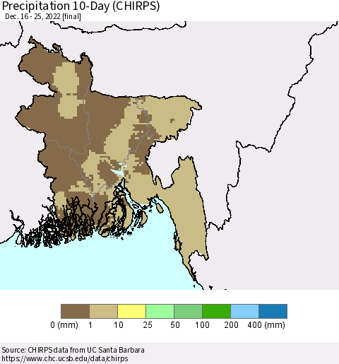 Bangladesh Precipitation 10-Day (CHIRPS) Thematic Map For 12/16/2022 - 12/25/2022