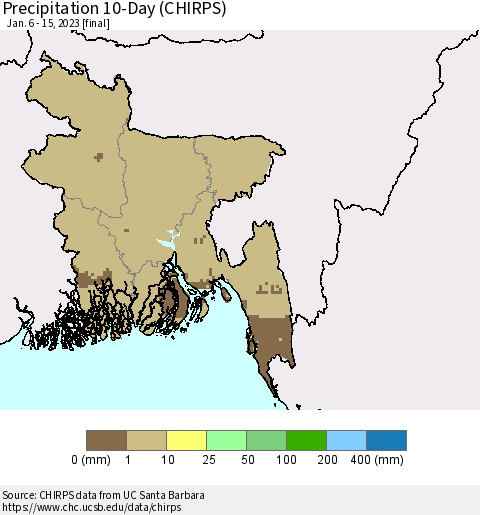 Bangladesh Precipitation 10-Day (CHIRPS) Thematic Map For 1/6/2023 - 1/15/2023