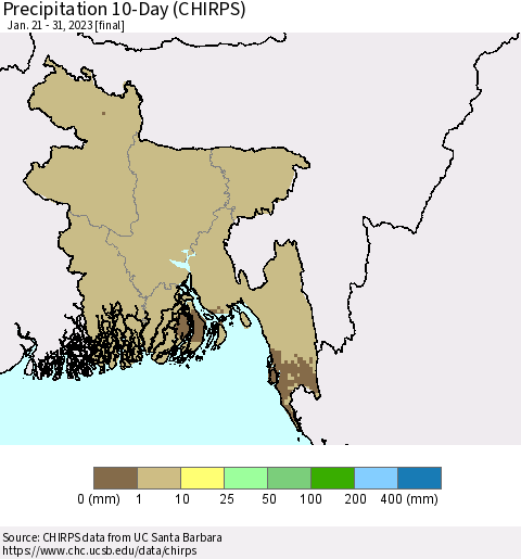 Bangladesh Precipitation 10-Day (CHIRPS) Thematic Map For 1/21/2023 - 1/31/2023