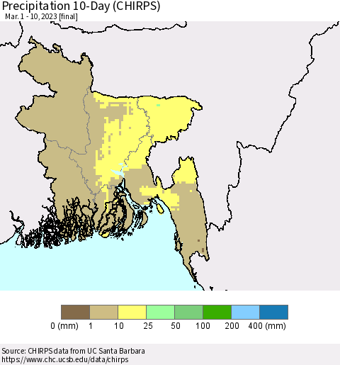 Bangladesh Precipitation 10-Day (CHIRPS) Thematic Map For 3/1/2023 - 3/10/2023