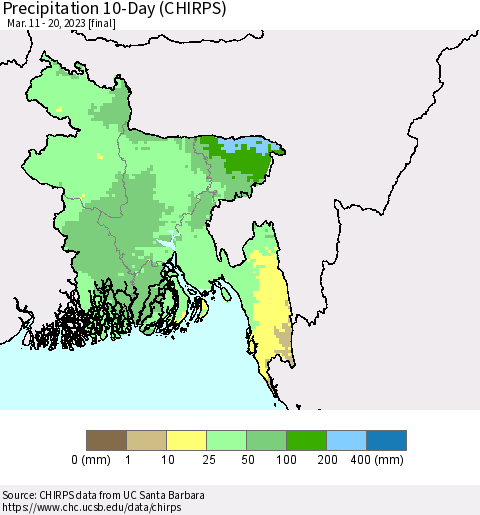 Bangladesh Precipitation 10-Day (CHIRPS) Thematic Map For 3/11/2023 - 3/20/2023