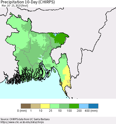Bangladesh Precipitation 10-Day (CHIRPS) Thematic Map For 3/16/2023 - 3/25/2023