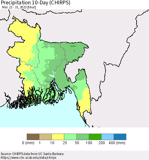 Bangladesh Precipitation 10-Day (CHIRPS) Thematic Map For 3/21/2023 - 3/31/2023