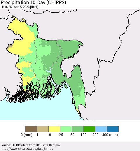 Bangladesh Precipitation 10-Day (CHIRPS) Thematic Map For 3/26/2023 - 4/5/2023