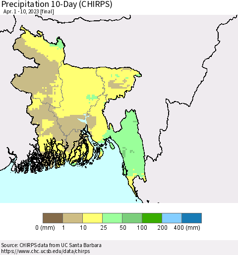 Bangladesh Precipitation 10-Day (CHIRPS) Thematic Map For 4/1/2023 - 4/10/2023