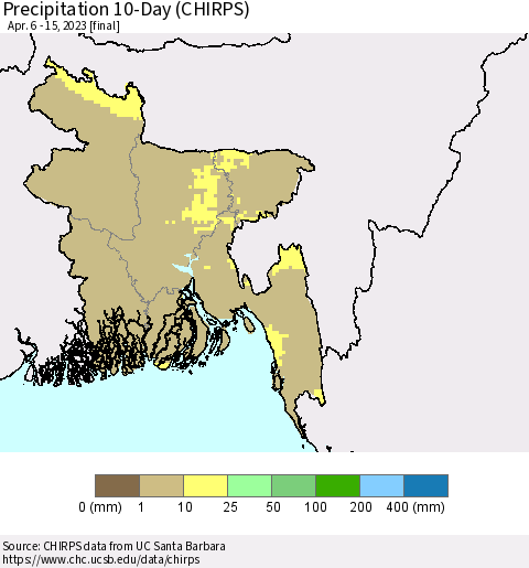 Bangladesh Precipitation 10-Day (CHIRPS) Thematic Map For 4/6/2023 - 4/15/2023