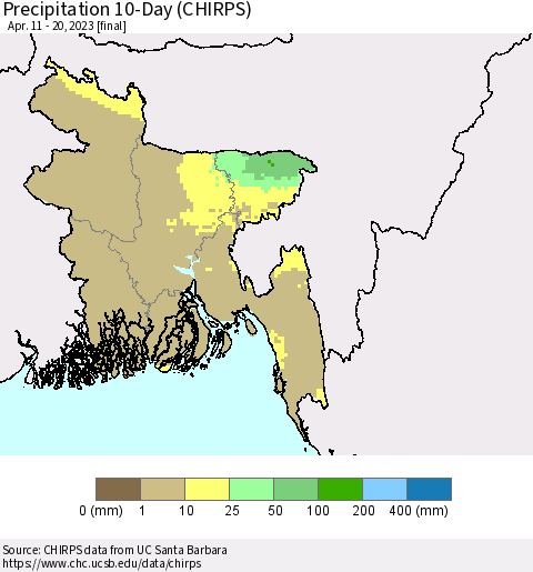 Bangladesh Precipitation 10-Day (CHIRPS) Thematic Map For 4/11/2023 - 4/20/2023
