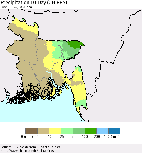 Bangladesh Precipitation 10-Day (CHIRPS) Thematic Map For 4/16/2023 - 4/25/2023
