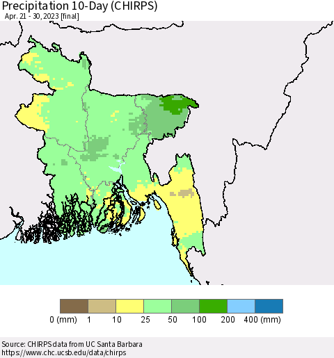 Bangladesh Precipitation 10-Day (CHIRPS) Thematic Map For 4/21/2023 - 4/30/2023