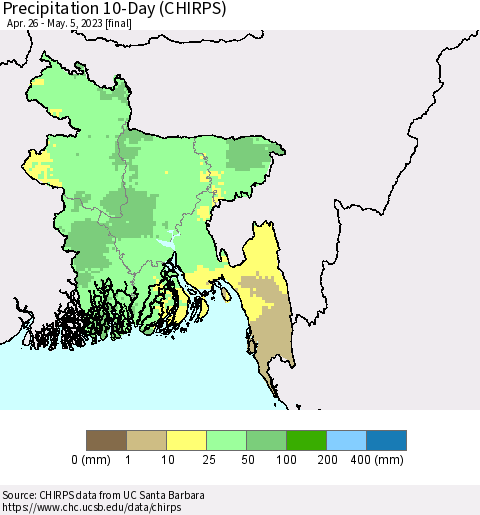 Bangladesh Precipitation 10-Day (CHIRPS) Thematic Map For 4/26/2023 - 5/5/2023