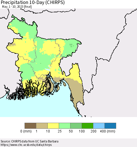 Bangladesh Precipitation 10-Day (CHIRPS) Thematic Map For 5/1/2023 - 5/10/2023