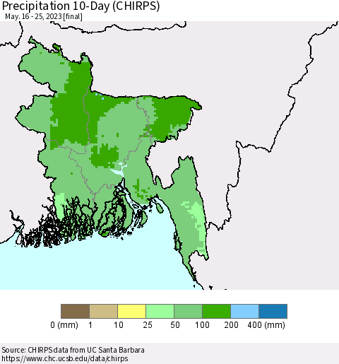 Bangladesh Precipitation 10-Day (CHIRPS) Thematic Map For 5/16/2023 - 5/25/2023