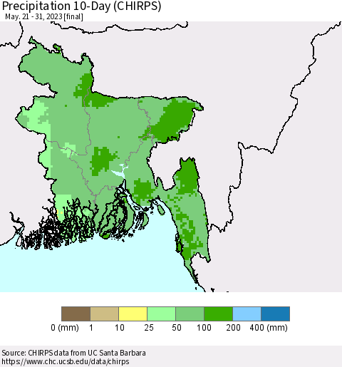 Bangladesh Precipitation 10-Day (CHIRPS) Thematic Map For 5/21/2023 - 5/31/2023