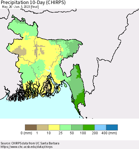 Bangladesh Precipitation 10-Day (CHIRPS) Thematic Map For 5/26/2023 - 6/5/2023