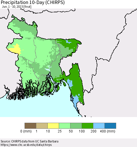 Bangladesh Precipitation 10-Day (CHIRPS) Thematic Map For 6/1/2023 - 6/10/2023
