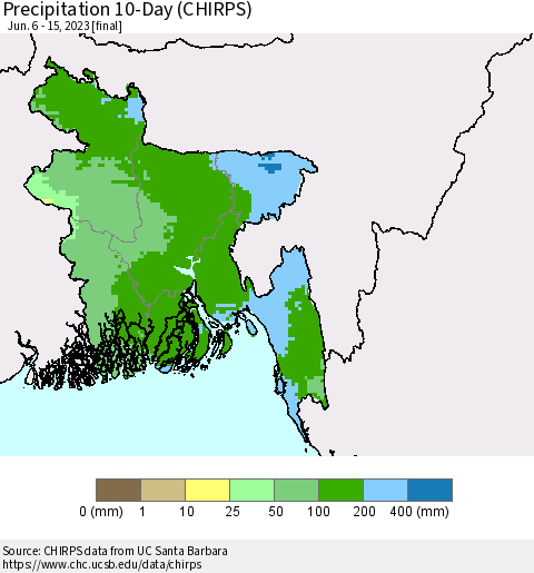 Bangladesh Precipitation 10-Day (CHIRPS) Thematic Map For 6/6/2023 - 6/15/2023