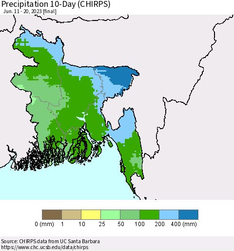 Bangladesh Precipitation 10-Day (CHIRPS) Thematic Map For 6/11/2023 - 6/20/2023