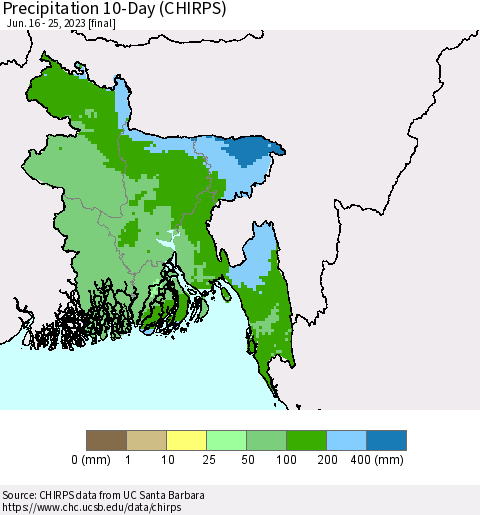 Bangladesh Precipitation 10-Day (CHIRPS) Thematic Map For 6/16/2023 - 6/25/2023