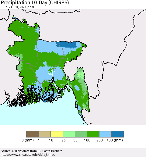 Bangladesh Precipitation 10-Day (CHIRPS) Thematic Map For 6/21/2023 - 6/30/2023
