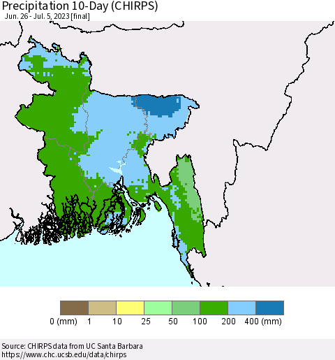 Bangladesh Precipitation 10-Day (CHIRPS) Thematic Map For 6/26/2023 - 7/5/2023