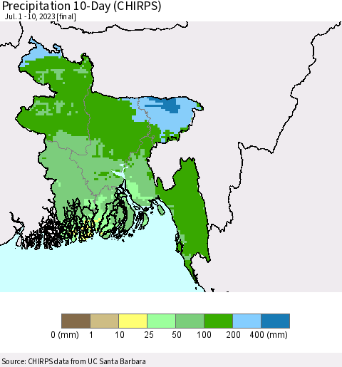 Bangladesh Precipitation 10-Day (CHIRPS) Thematic Map For 7/1/2023 - 7/10/2023
