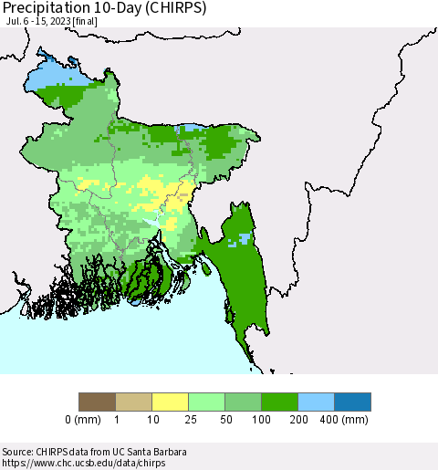 Bangladesh Precipitation 10-Day (CHIRPS) Thematic Map For 7/6/2023 - 7/15/2023