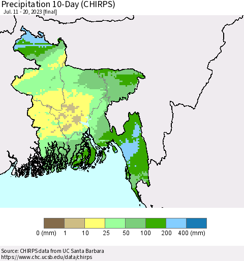 Bangladesh Precipitation 10-Day (CHIRPS) Thematic Map For 7/11/2023 - 7/20/2023