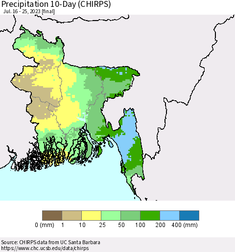 Bangladesh Precipitation 10-Day (CHIRPS) Thematic Map For 7/16/2023 - 7/25/2023