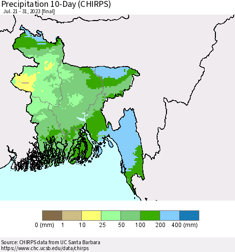 Bangladesh Precipitation 10-Day (CHIRPS) Thematic Map For 7/21/2023 - 7/31/2023
