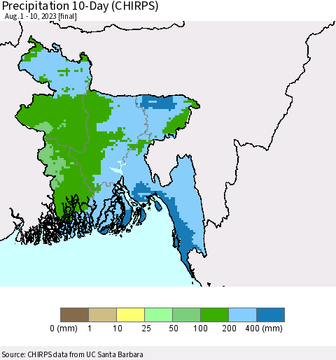 Bangladesh Precipitation 10-Day (CHIRPS) Thematic Map For 8/1/2023 - 8/10/2023