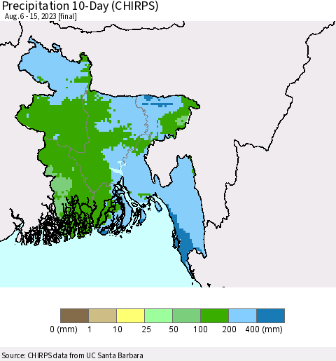 Bangladesh Precipitation 10-Day (CHIRPS) Thematic Map For 8/6/2023 - 8/15/2023