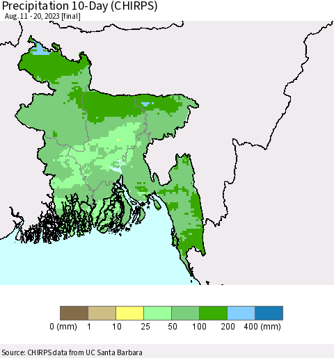 Bangladesh Precipitation 10-Day (CHIRPS) Thematic Map For 8/11/2023 - 8/20/2023