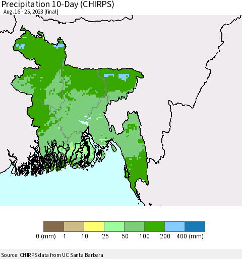 Bangladesh Precipitation 10-Day (CHIRPS) Thematic Map For 8/16/2023 - 8/25/2023