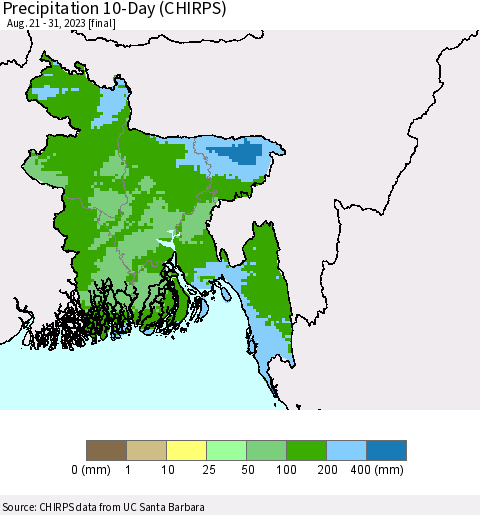 Bangladesh Precipitation 10-Day (CHIRPS) Thematic Map For 8/21/2023 - 8/31/2023