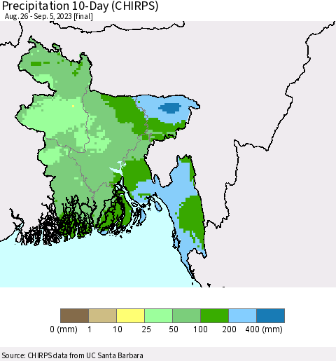 Bangladesh Precipitation 10-Day (CHIRPS) Thematic Map For 8/26/2023 - 9/5/2023