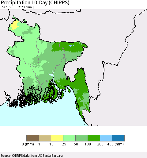 Bangladesh Precipitation 10-Day (CHIRPS) Thematic Map For 9/6/2023 - 9/15/2023