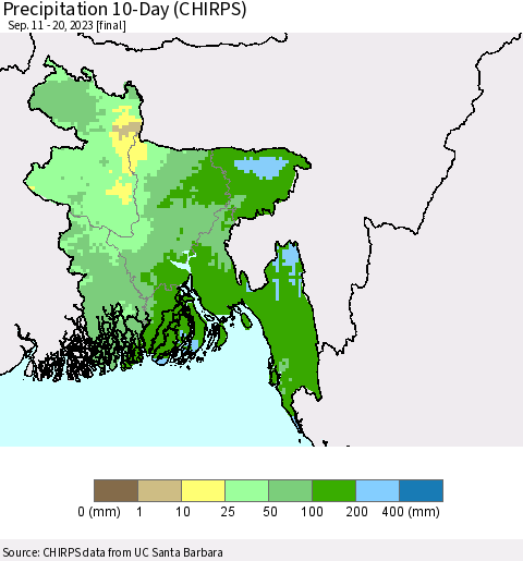 Bangladesh Precipitation 10-Day (CHIRPS) Thematic Map For 9/11/2023 - 9/20/2023