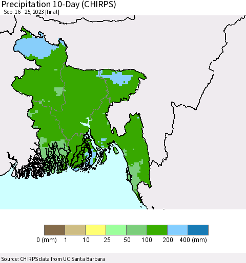 Bangladesh Precipitation 10-Day (CHIRPS) Thematic Map For 9/16/2023 - 9/25/2023