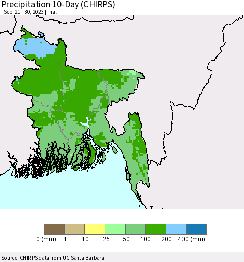 Bangladesh Precipitation 10-Day (CHIRPS) Thematic Map For 9/21/2023 - 9/30/2023