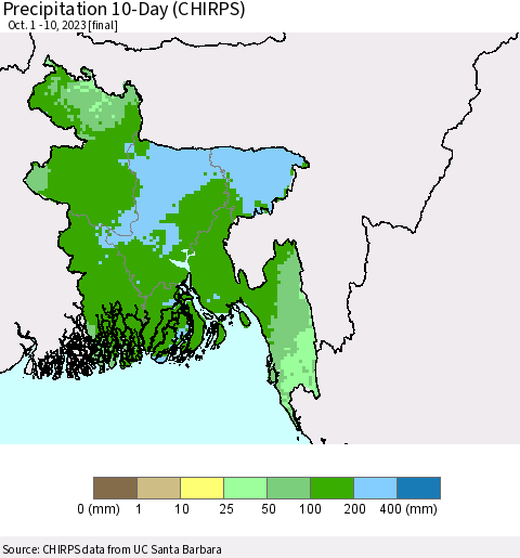 Bangladesh Precipitation 10-Day (CHIRPS) Thematic Map For 10/1/2023 - 10/10/2023