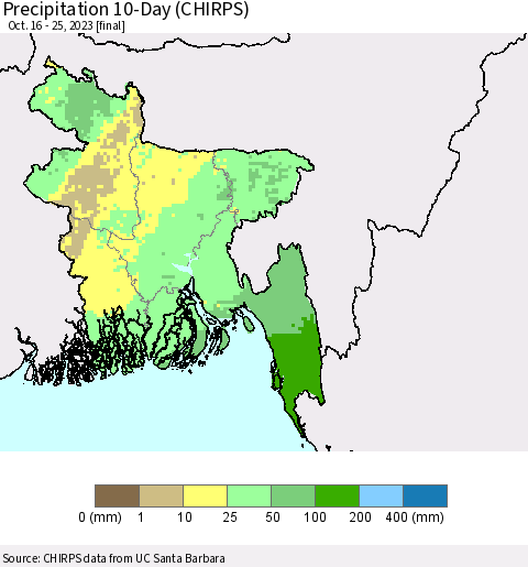 Bangladesh Precipitation 10-Day (CHIRPS) Thematic Map For 10/16/2023 - 10/25/2023