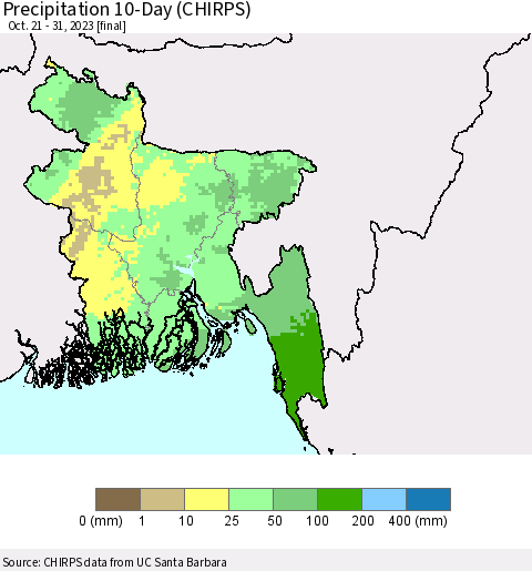 Bangladesh Precipitation 10-Day (CHIRPS) Thematic Map For 10/21/2023 - 10/31/2023