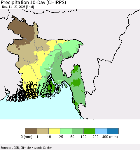 Bangladesh Precipitation 10-Day (CHIRPS) Thematic Map For 11/11/2023 - 11/20/2023
