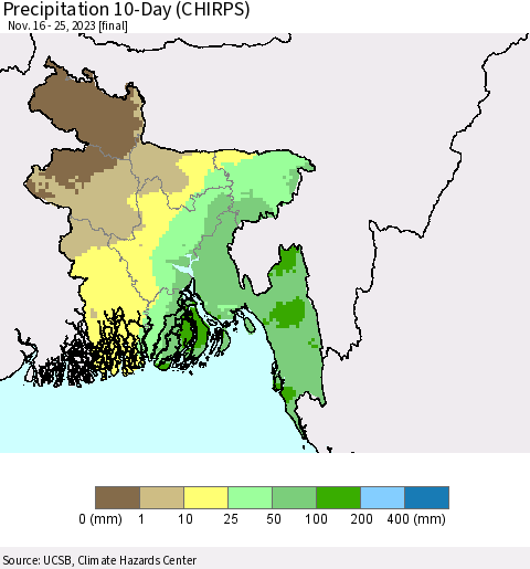 Bangladesh Precipitation 10-Day (CHIRPS) Thematic Map For 11/16/2023 - 11/25/2023