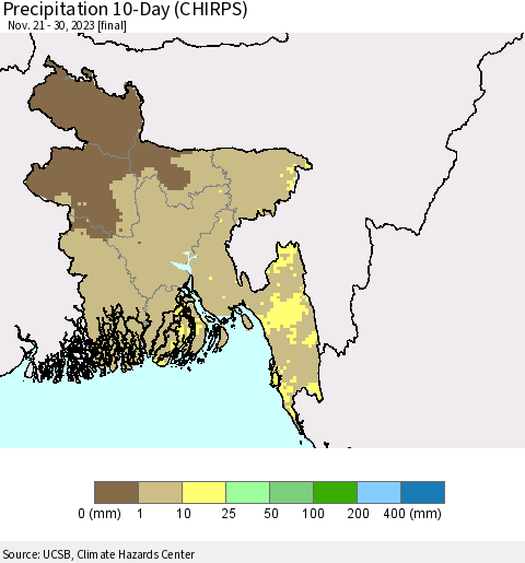 Bangladesh Precipitation 10-Day (CHIRPS) Thematic Map For 11/21/2023 - 11/30/2023