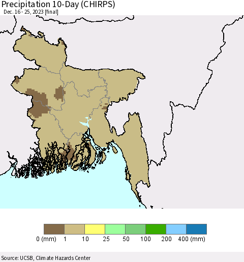 Bangladesh Precipitation 10-Day (CHIRPS) Thematic Map For 12/16/2023 - 12/25/2023