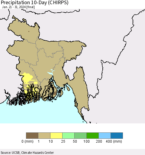 Bangladesh Precipitation 10-Day (CHIRPS) Thematic Map For 1/21/2024 - 1/31/2024
