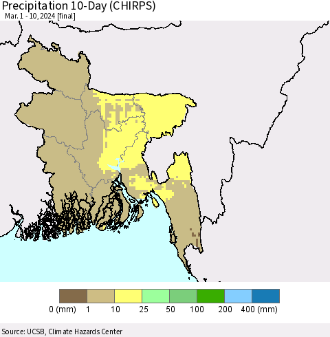 Bangladesh Precipitation 10-Day (CHIRPS) Thematic Map For 3/1/2024 - 3/10/2024