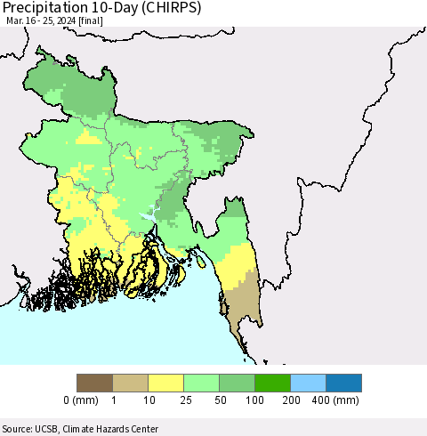 Bangladesh Precipitation 10-Day (CHIRPS) Thematic Map For 3/16/2024 - 3/25/2024